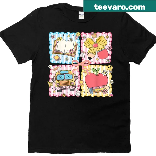 Whimsical design with a pencil, book, bow, and school bag for back to school.