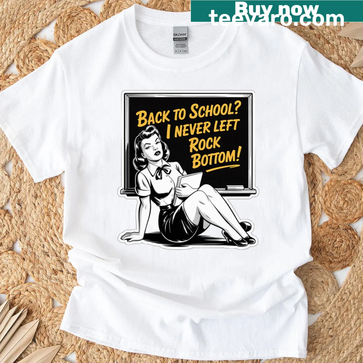 Funny T-shirt about returning to school, stating rock bottom. — on a men's t-shirt