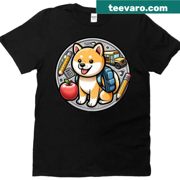 Cute Shiba Inu illustration on a back-to-school themed T-shirt.