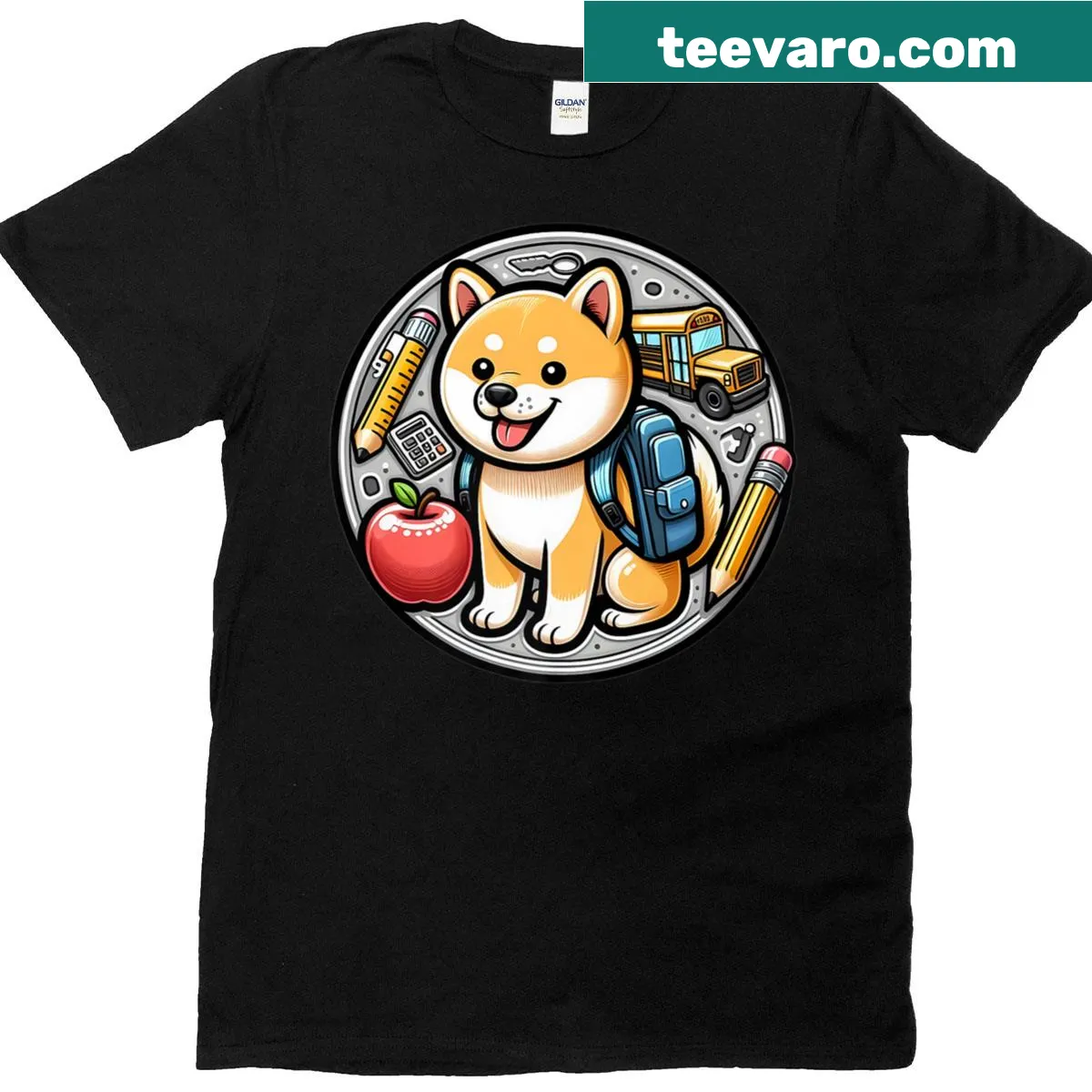 Cute Shiba Inu illustration on a back-to-school themed T-shirt. — on a men's t-shirt