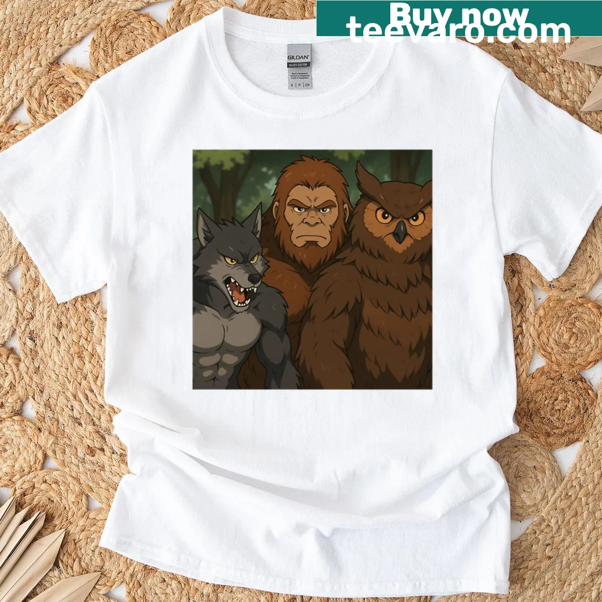 Illustrated T-shirt featuring Bigfoot, an owlbear, and a yeti — on a men's t-shirt