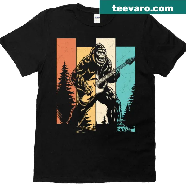 Playful cartoon t-shirt depicting Bigfoot playing a guitar