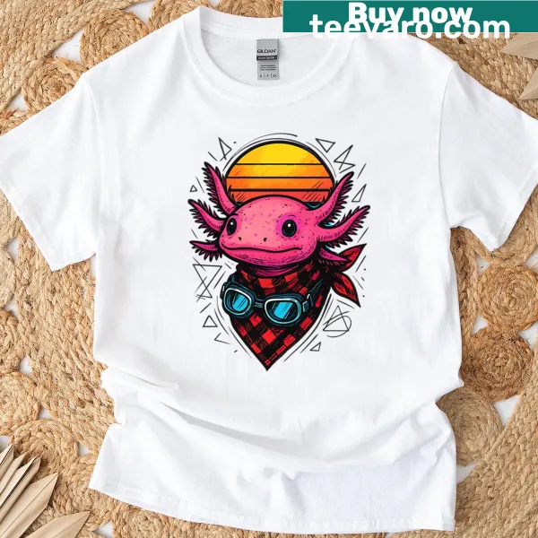 Retro T-shirt with axolotl in a biker helmet graphic.