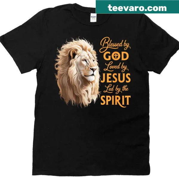 Illustrative lion graphic with the text 'Blessed By God Loved By Jesus'