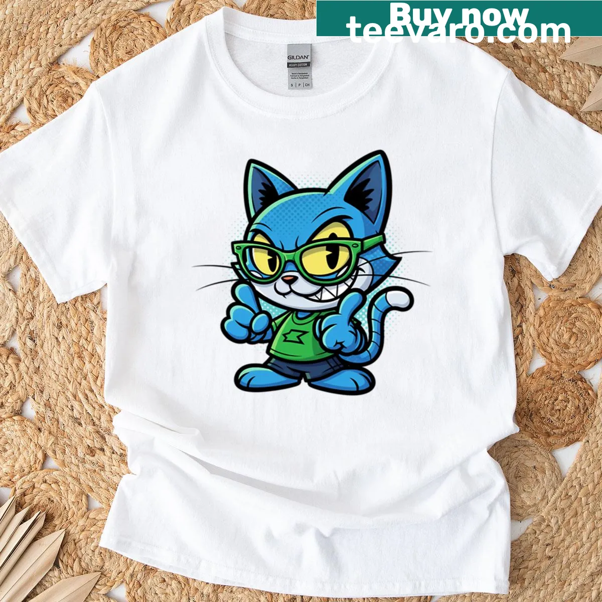Cartoon T-shirt featuring a cute blue cat wearing glasses. — on a men's t-shirt