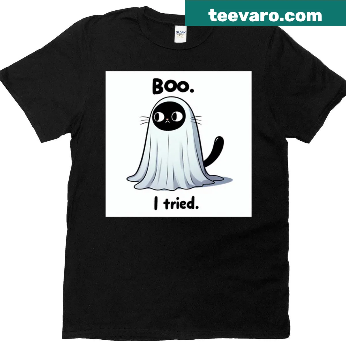 Cartoon ghost cat with the text 'Boo I Tried' — on a men's t-shirt