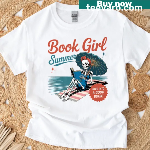Beach-themed t-shirt with playful Book Girl Summer typography