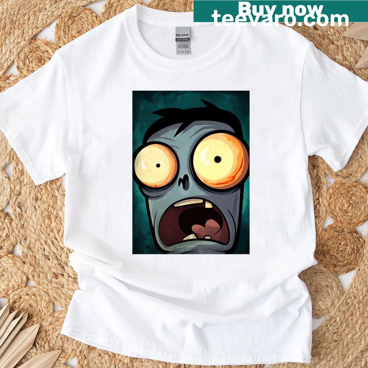 Cartoon graphic T-shirt featuring a whimsical zombie craving brains — on a men's t-shirt