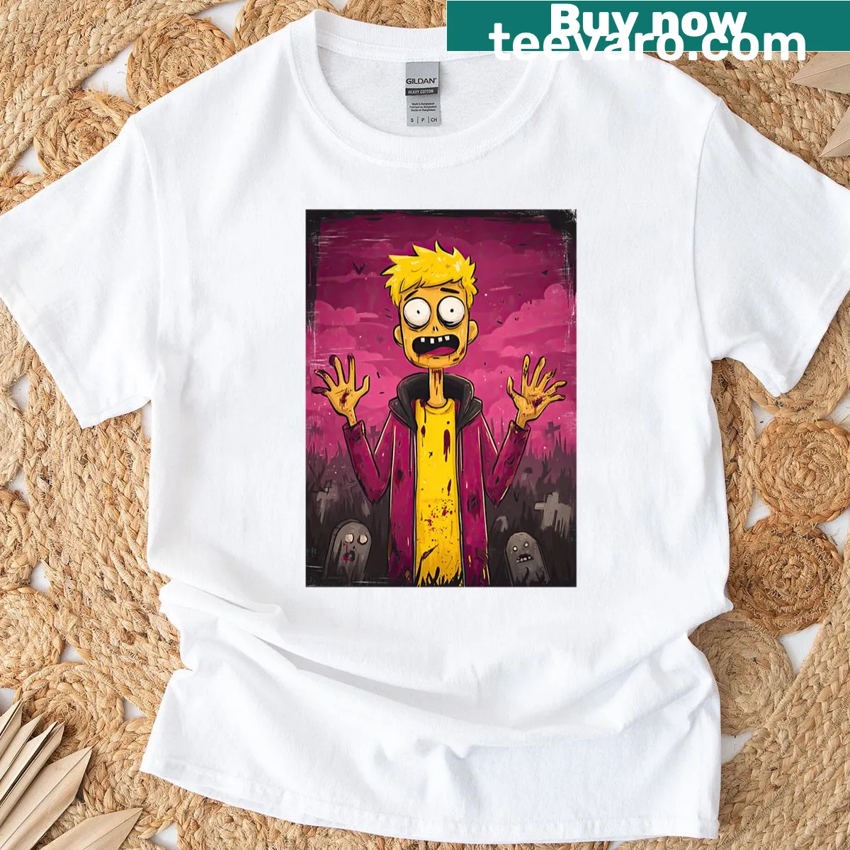 Comic style teen zombie t-shirt with brain theme — on a men's t-shirt