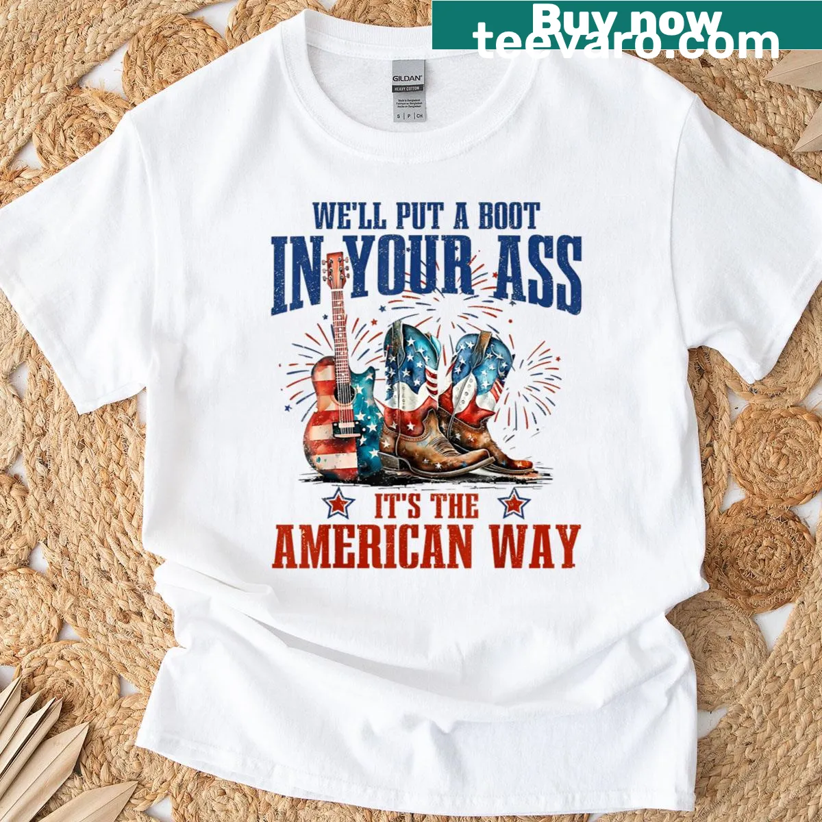 Patriotic t-shirt with cowgirl theme and text — on a men's t-shirt