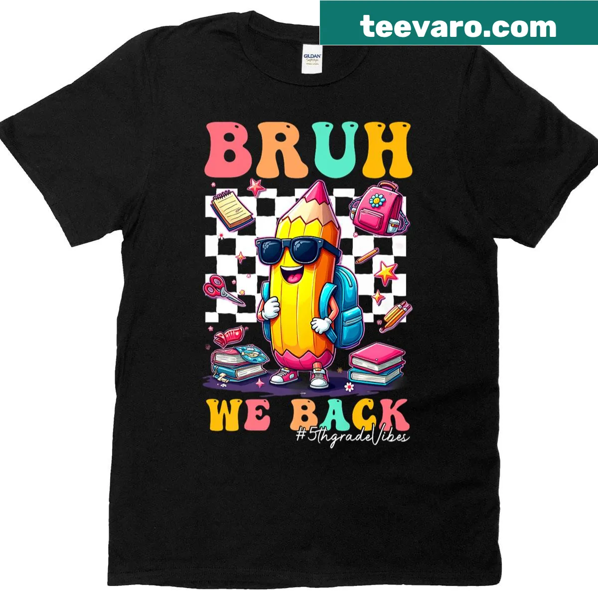 Text design 'Bruh We Back 5th Grade Vibes' — on a men's t-shirt