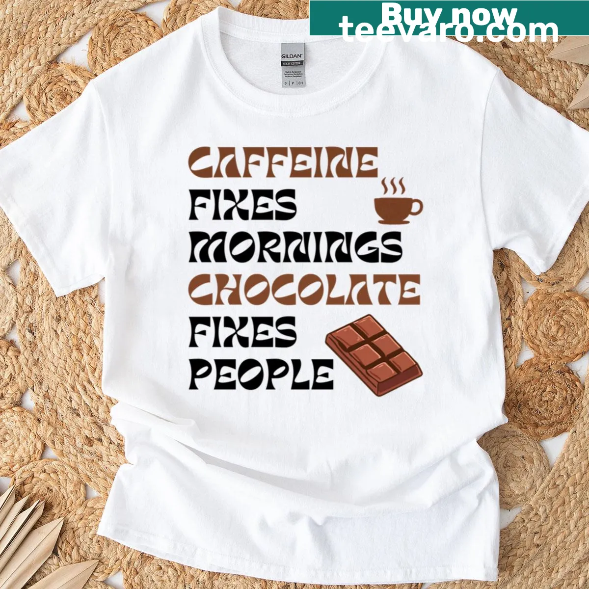 Funny t-shirt with Caffeine Fixes Mornings Chocolate Fixes People phrase — on a men's t-shirt