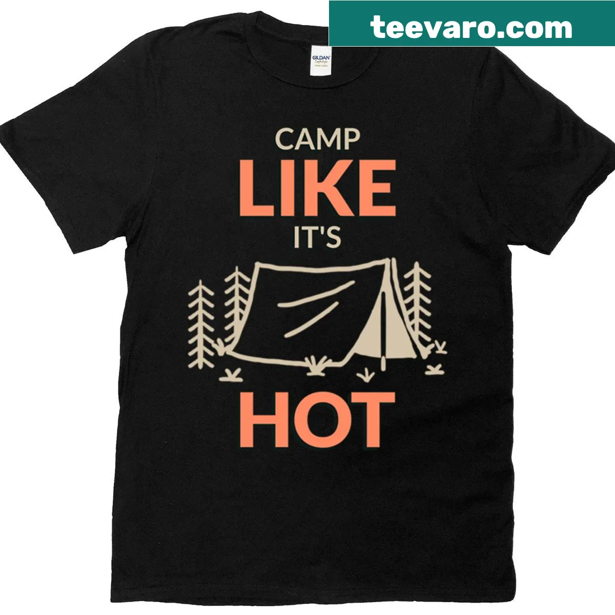 Summer camping t-shirt with 'Camp Like It's Hot' graphic — on a men's t-shirt