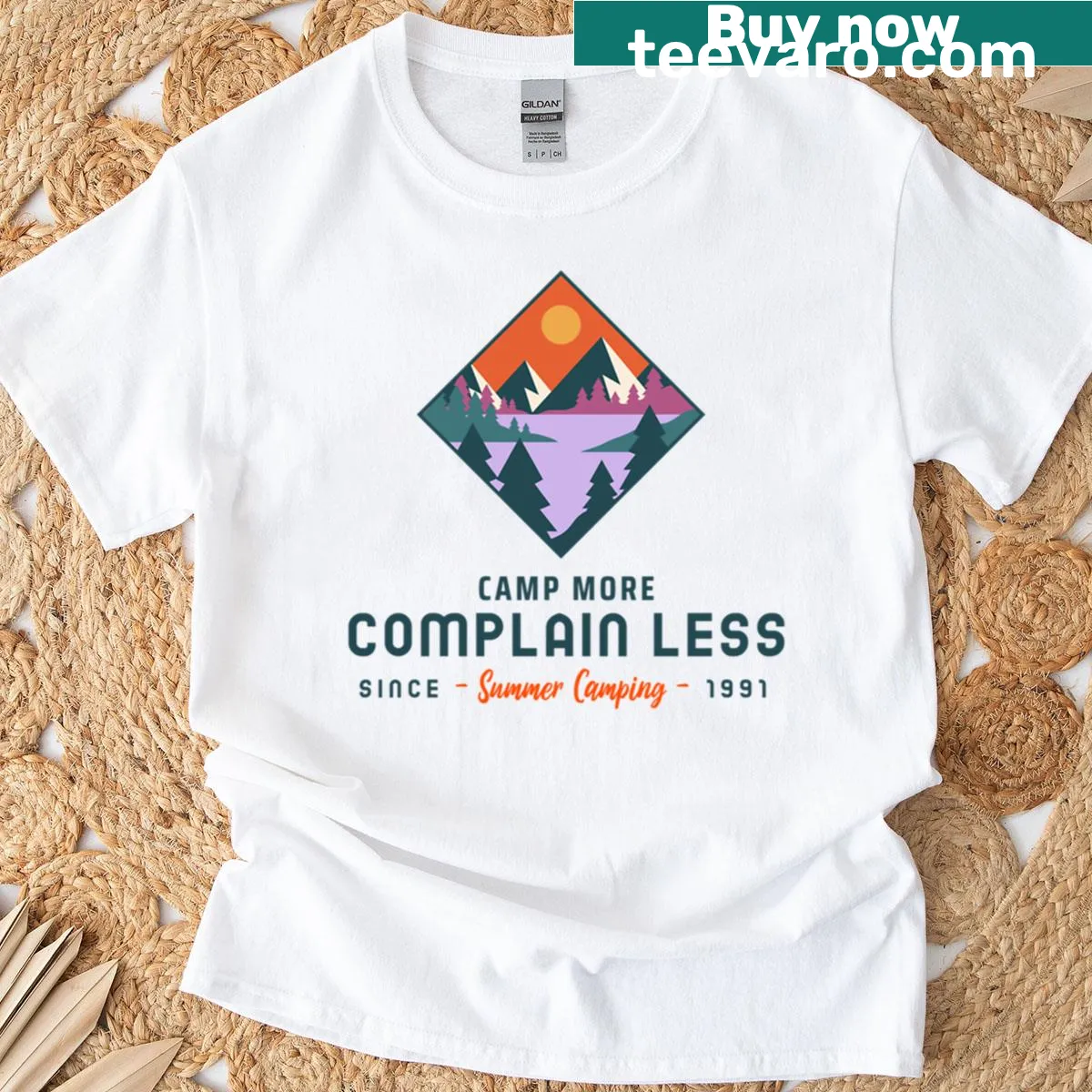Positive camping t-shirt with slogan since 1991 — on a men's t-shirt