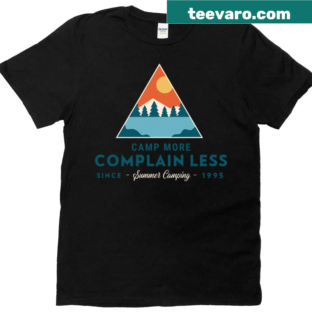 Camping-themed t-shirt with humorous slogan about camping since 1995 — on a men's t-shirt