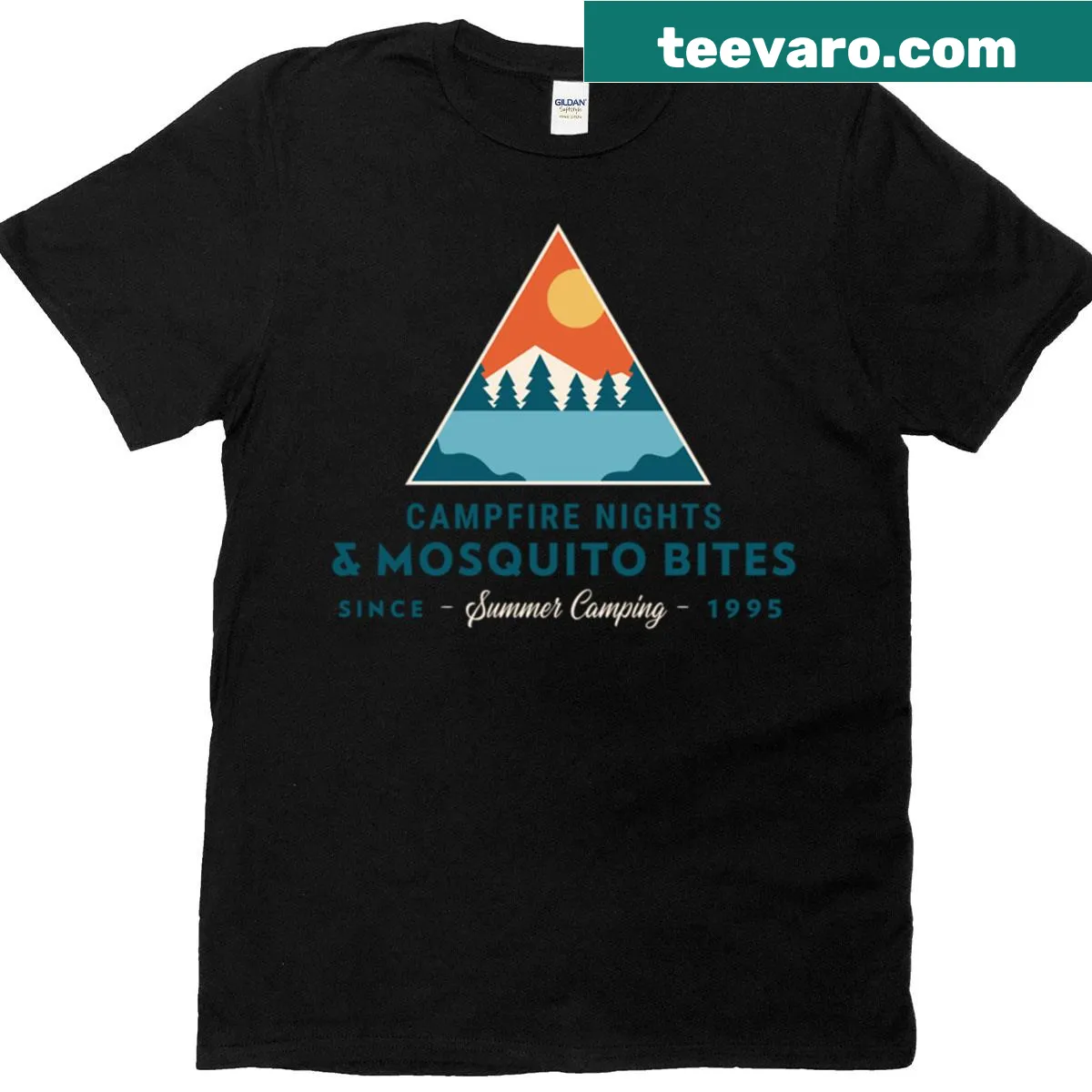 T-shirt with 'Campfire Nights Mosquito Bites Since 1995' graphic — on a men's t-shirt