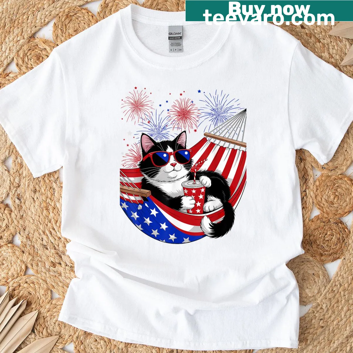 T-shirt with tuxedo cat and patriotic flag for Independence Day — on a men's t-shirt