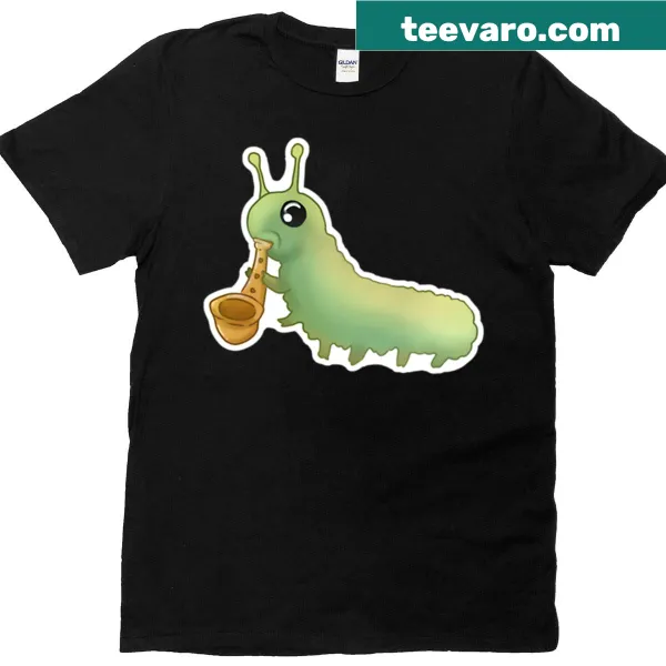 Oversized T-shirt with a cartoon caterpillar playing the saxophone