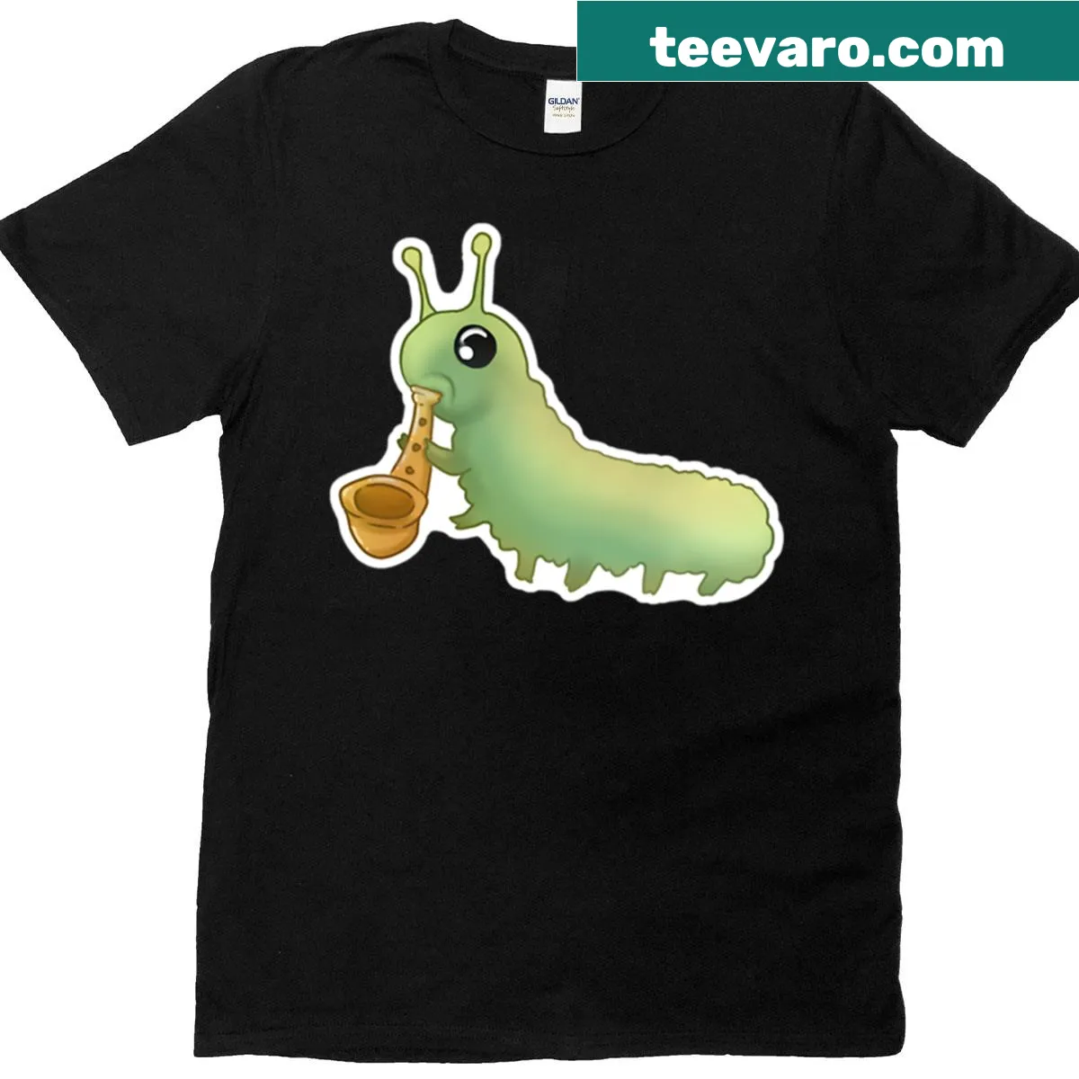 Oversized T-shirt with a cartoon caterpillar playing the saxophone — on a men's t-shirt