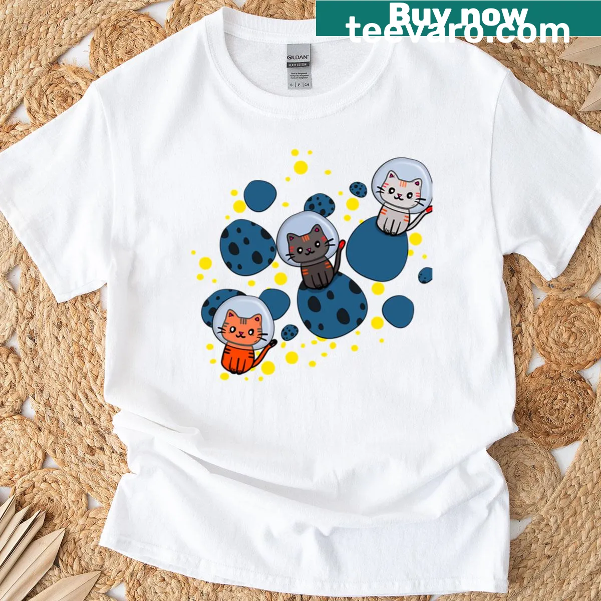 Whimsical cats in space graphic adventure design — on a men's t-shirt