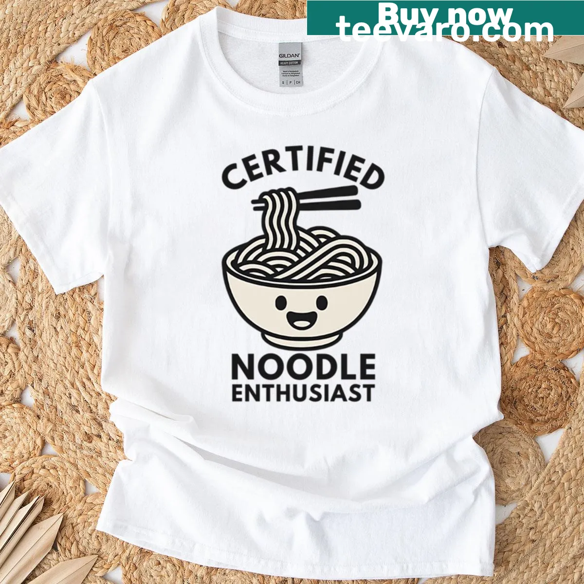 Funny T-shirt declaring 'Certified Noodle Enthusiast' in bold text — on a men's t-shirt