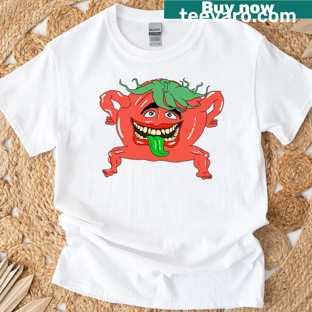 Oversized T-shirt featuring a playful tomato character — on a men's t-shirt