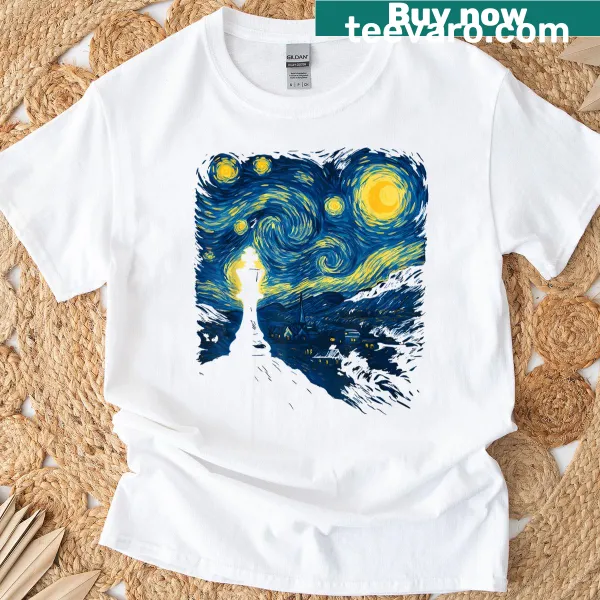 Chess king piece with a Van Gogh Starry Night background on a T-shirt