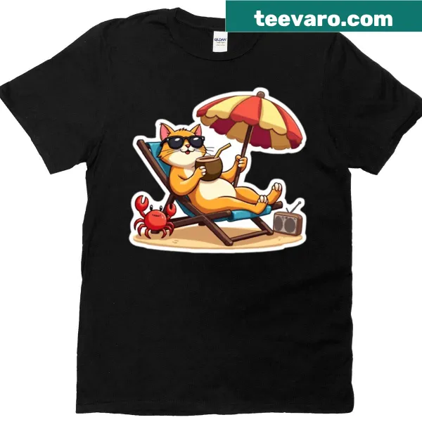T-shirt featuring a relaxed cat on the beach with a crab
