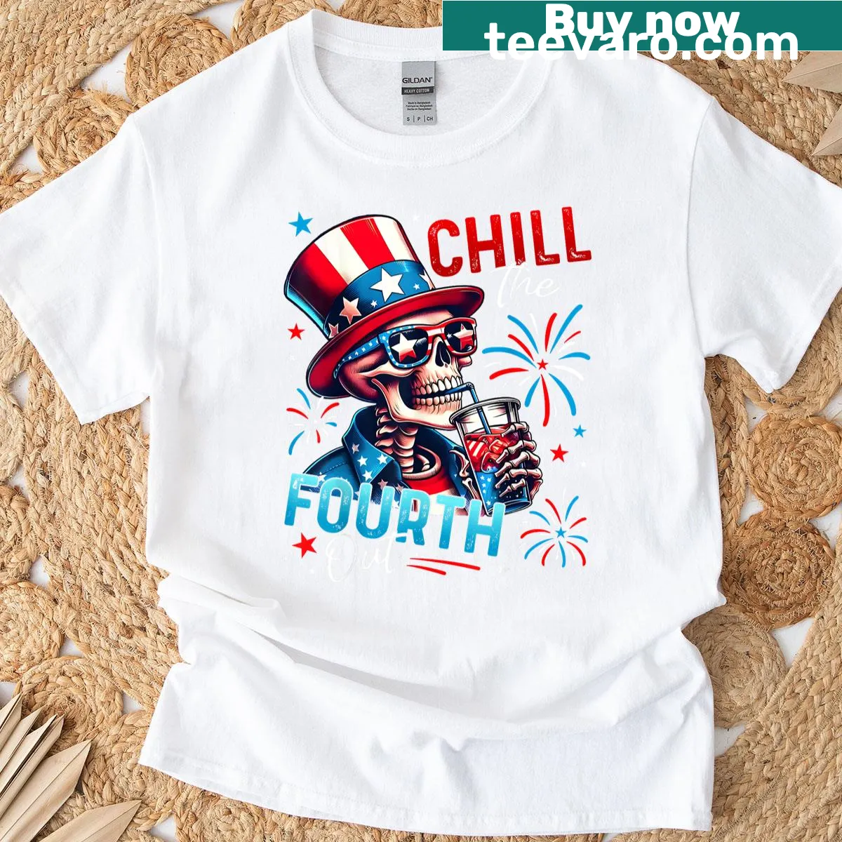 Funny retro skeleton design for Fourth of July T-shirt — on a men's t-shirt