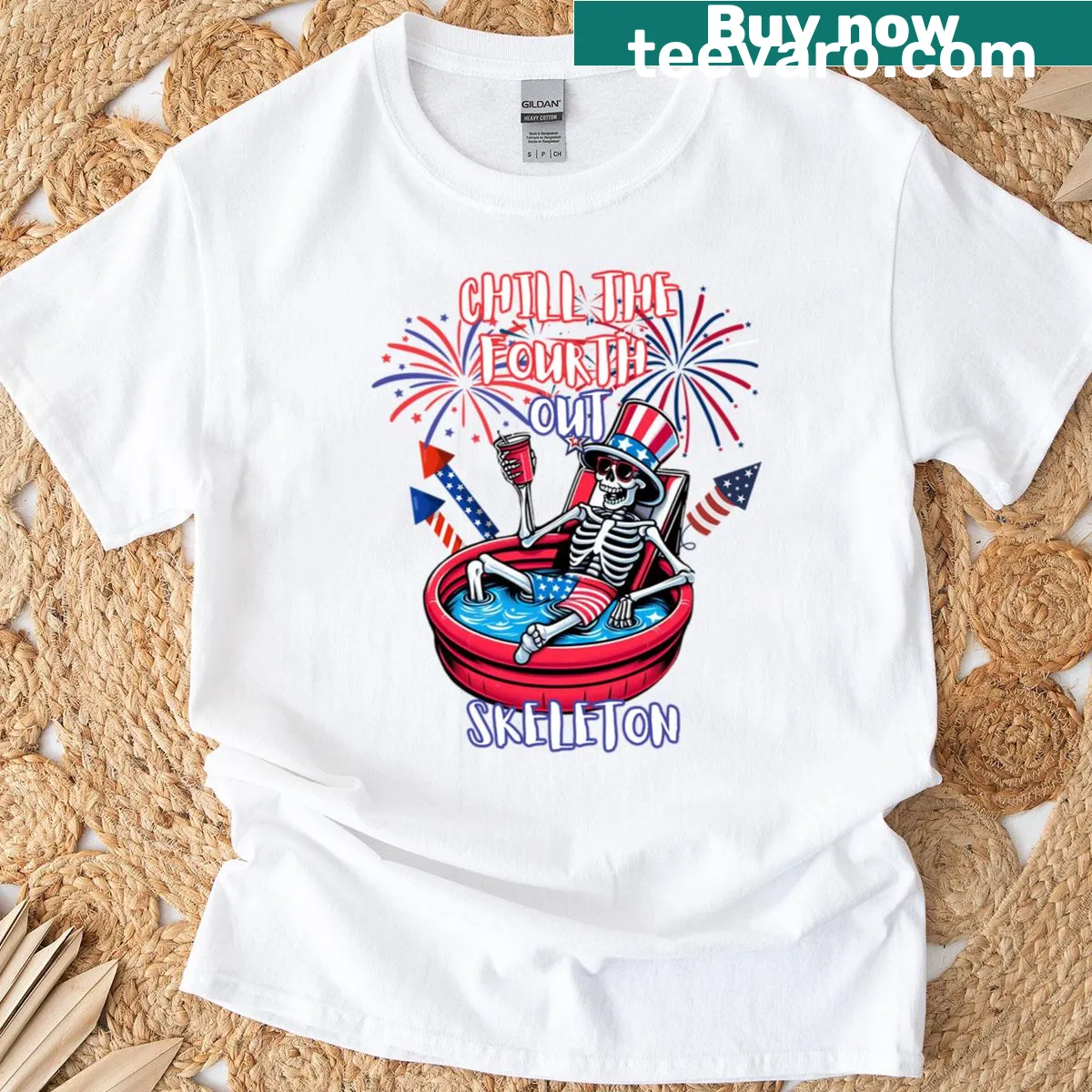 Cartoon skeleton graphic for Fourth of July on an oversized T-shirt — on a men's t-shirt