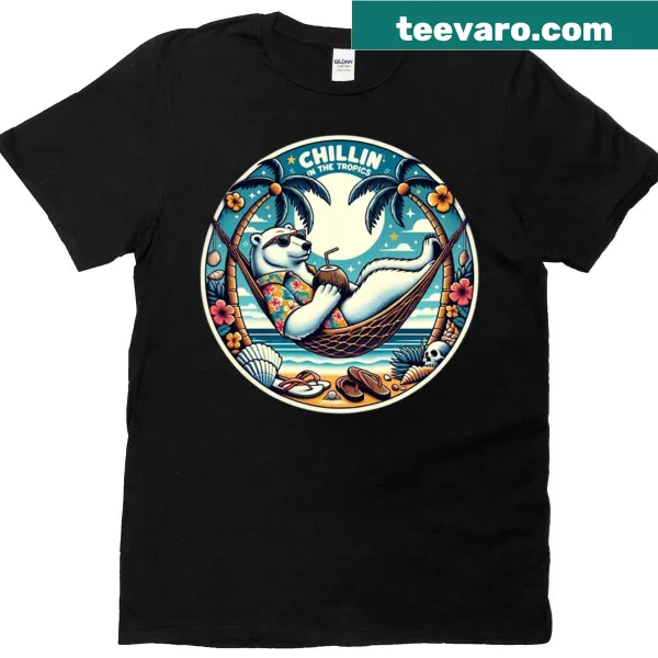 T-shirt depicting a relaxing tropical scene with palm trees.