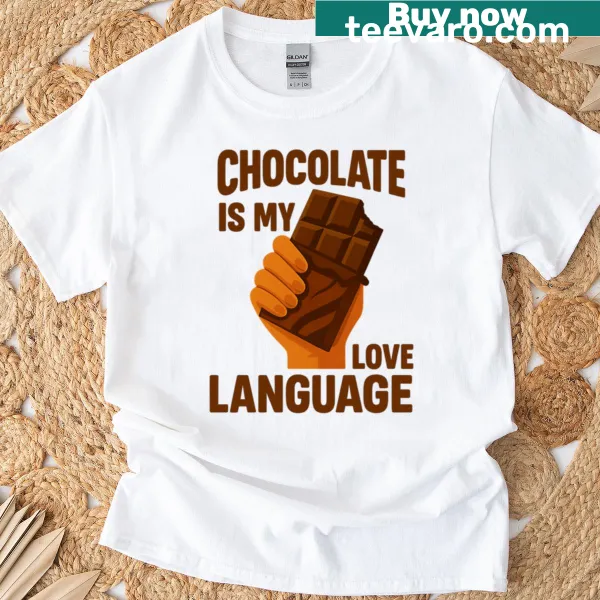 Playful chocolate-themed text on an oversized T-shirt