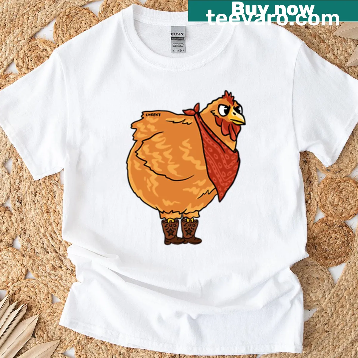 Oversized t-shirt featuring a cute hen in boots design. — on a men's t-shirt