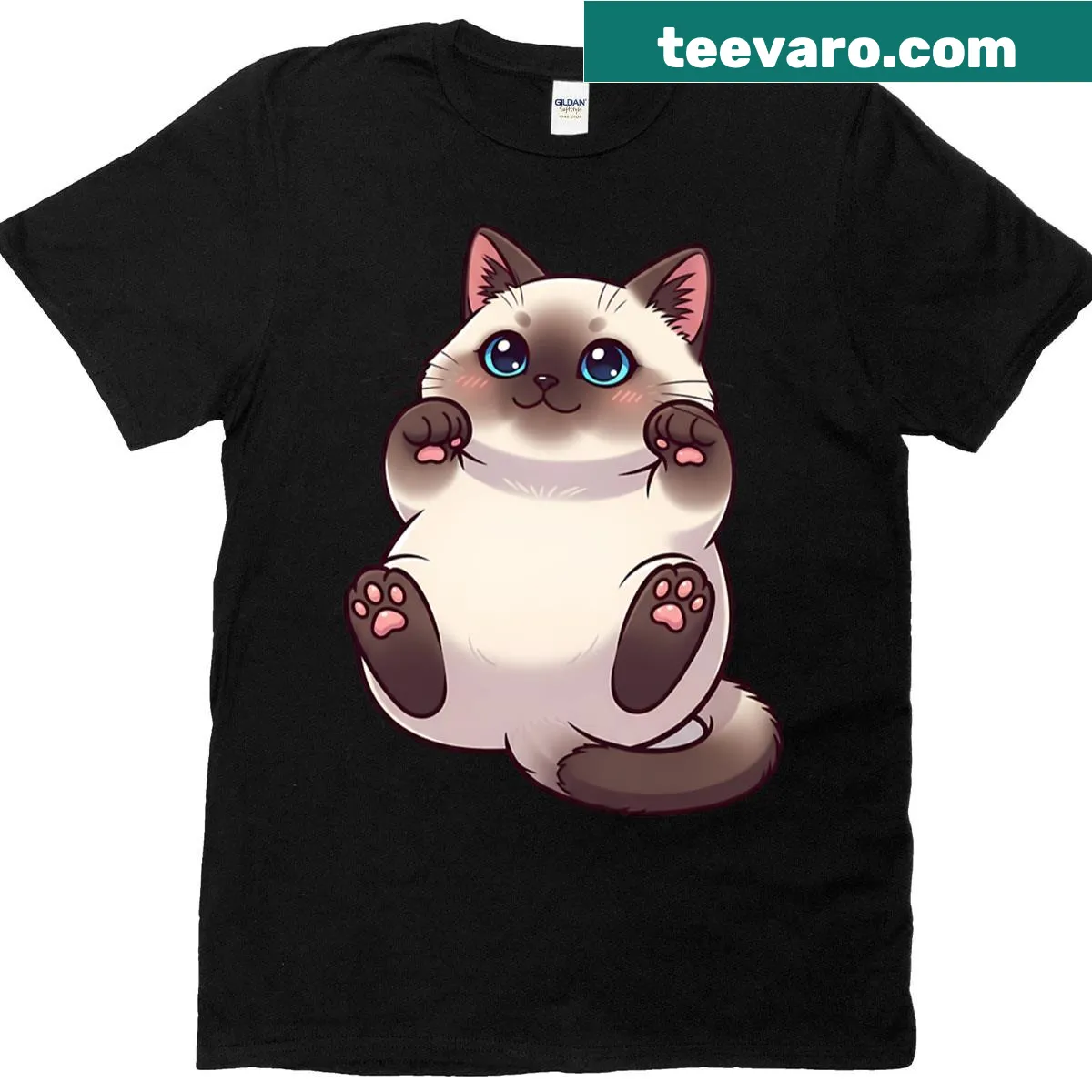 Illustration of a chubby Siamese cat lying belly up — on a men's t-shirt