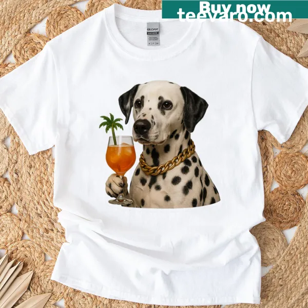 Illustrated Dalmatian with cocktail in tropical setting