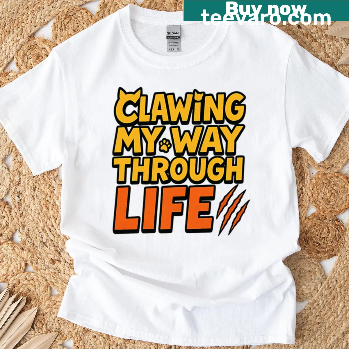 Comic-style text T-shirt with cat theme — on a men's t-shirt