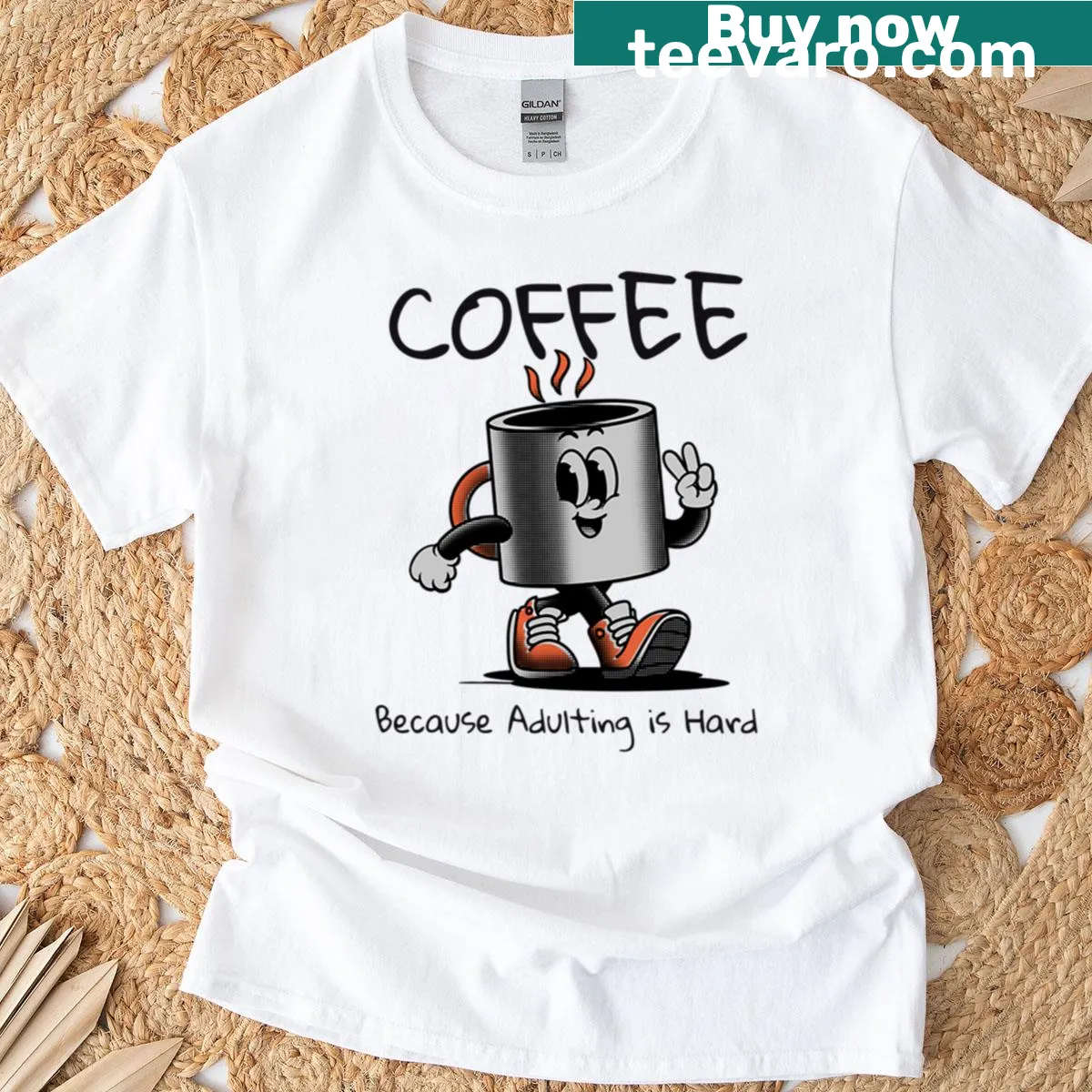 Funny T-shirt about coffee and adulting struggles — on a men's t-shirt