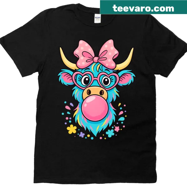 Highland cow with bubblegum glasses and bow illustrated on a t-shirt