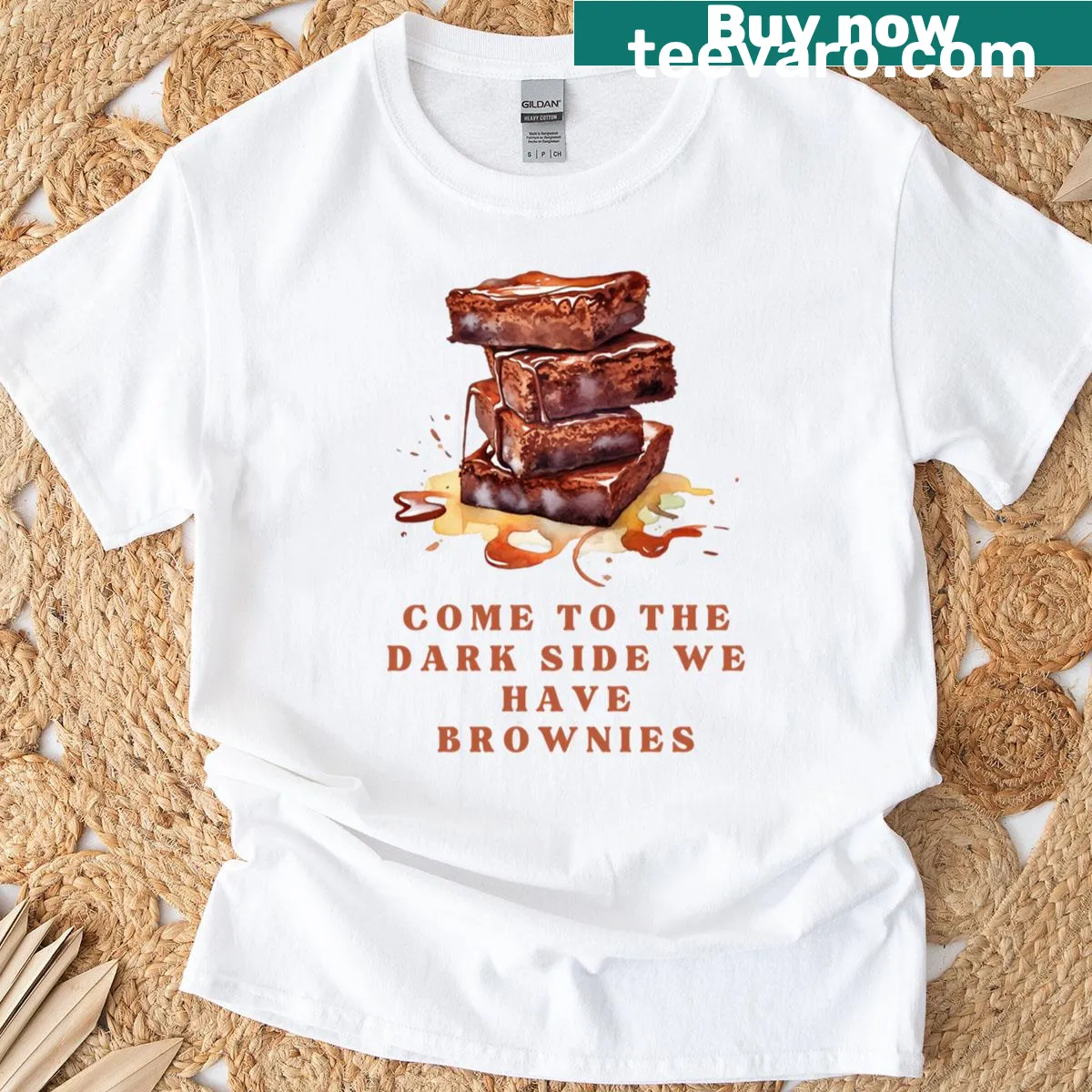 Oversized T-shirt with 'Come To The Dark Side We Have Brownies' text — on a men's t-shirt