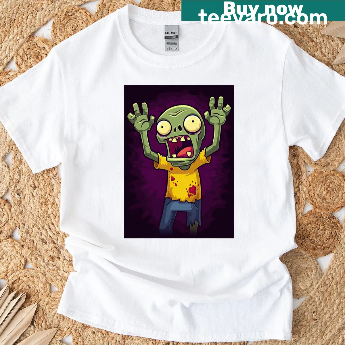 Cartoon-style zombie teen with big boots in comic panel design — on a men's t-shirt