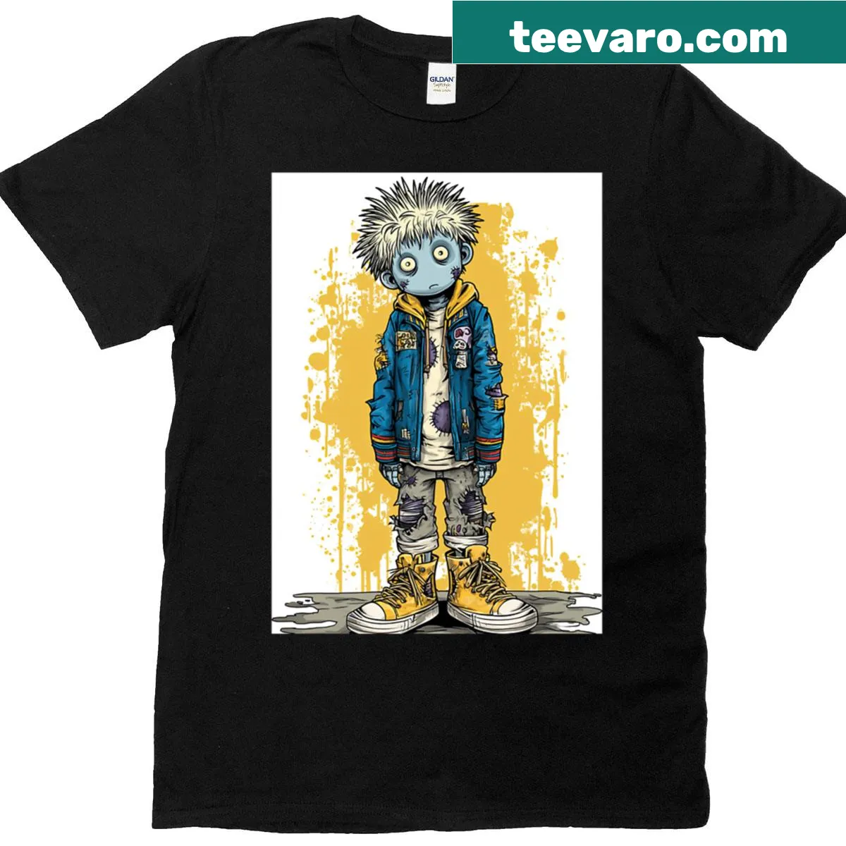 Comic-style T-shirt featuring a cartoon teen zombie. — on a men's t-shirt