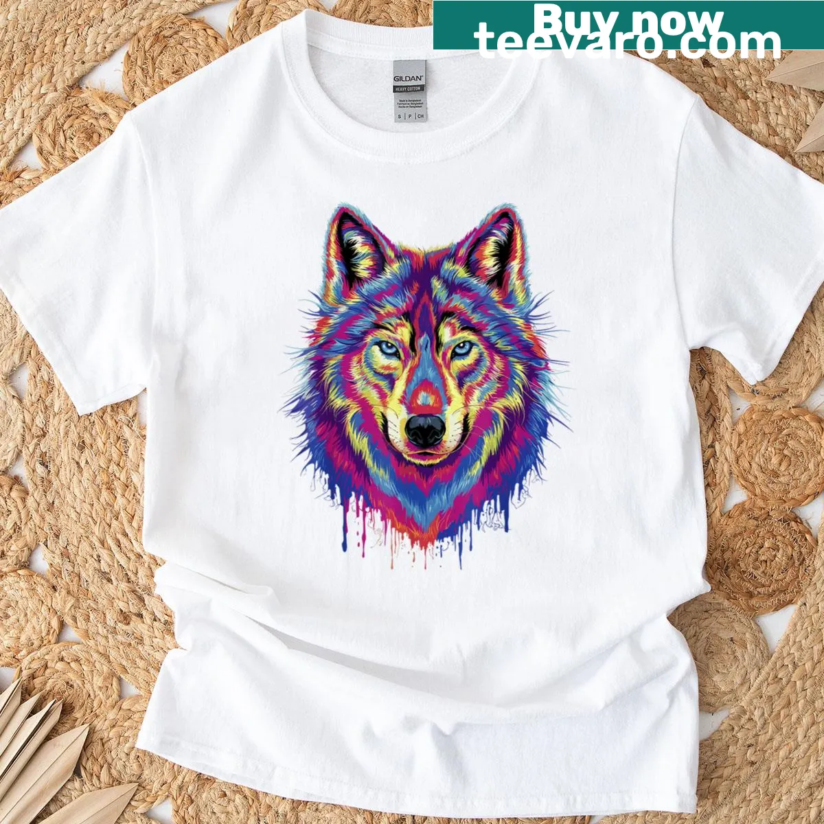 Artistic T-shirt featuring a howling wolf illustration — on a men's t-shirt
