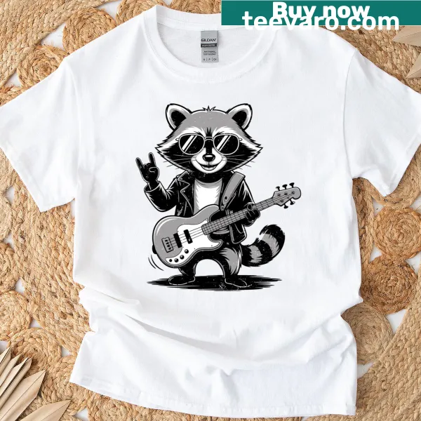 Illustration of a raccoon with a bass guitar on a t-shirt