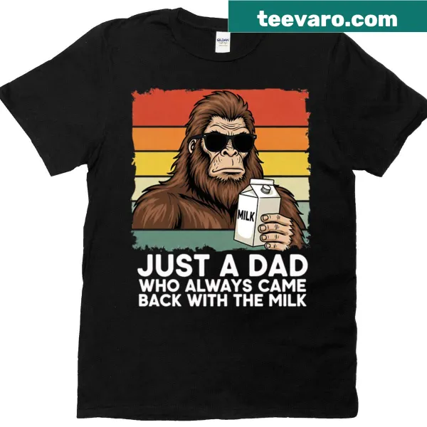 Humorous T-shirt featuring Bigfoot and a dad joke about milk.
