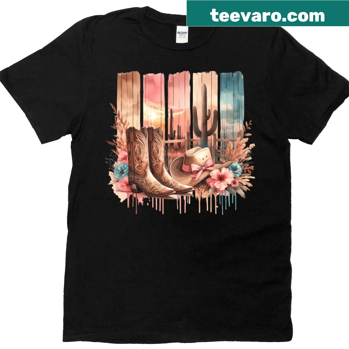 Illustrative cactus, cowboy boots, and hat design on a desert sunset tee — on a men's t-shirt