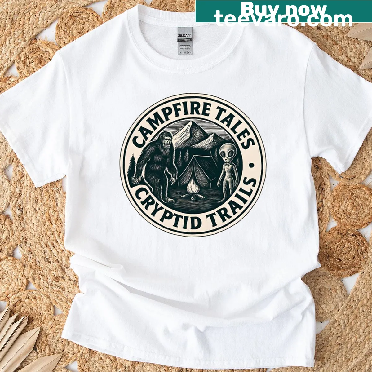 Campfire tales and cryptids themed boxy t-shirt — on a men's t-shirt