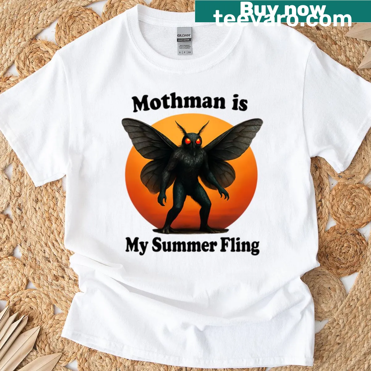 Funny t-shirt featuring Mothman and the phrase about summer romance — on a men's t-shirt