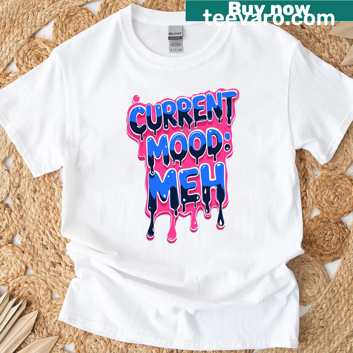 Urban graffiti t-shirt with 'Current Mood Meh' text in neon style. — on a men's t-shirt