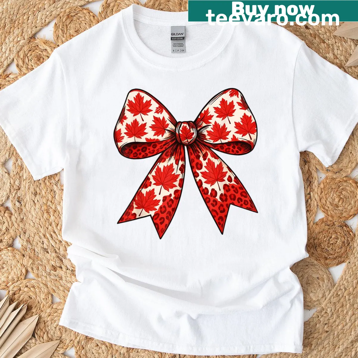 Canada-themed t-shirt with cute maple leaf and leopard print bow illustration. — on a men's t-shirt