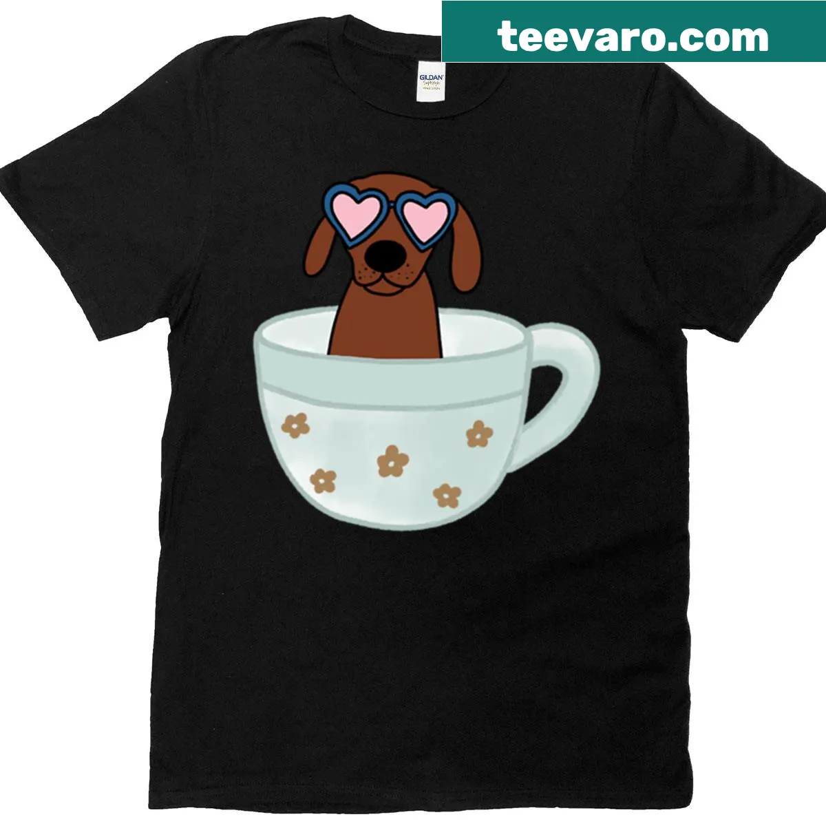 T-shirt featuring cute chocolate labrador in a cup with rose glasses — on a men's t-shirt